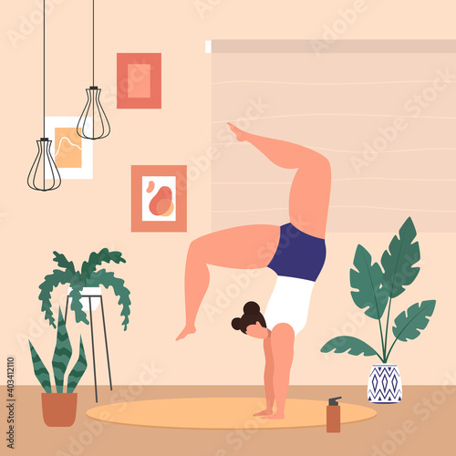 A woman practices yoga, meditating. Yoga classes while quarantined during the coronavirus COVID-19. Vector flat illustration.