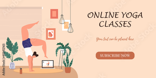 A girl in her room is doing yoga or exercises, watching videos online on a laptop at home. Online lesson or classes in yoga studio with instructor banner, landing page. Vector illustration