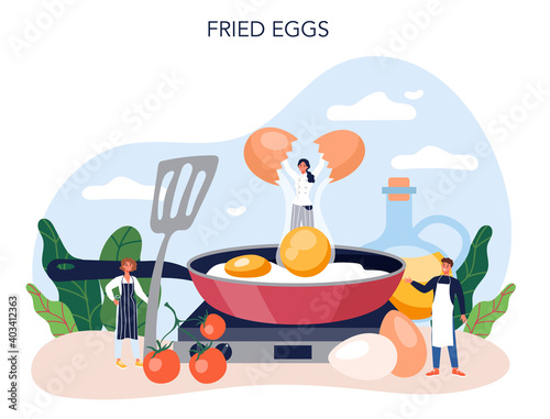 Tasty fried eggs with vegetables and bacon for breakfast set.