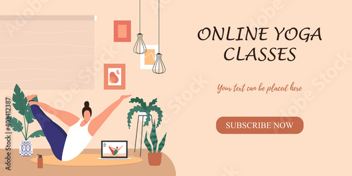 A girl in her room is doing yoga or exercises, watching videos online on a laptop at home. Online lesson or classes in yoga studio with instructor banner, landing page. Vector illustration