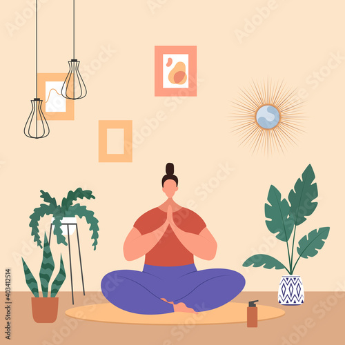 A woman practices yoga, meditating. Yoga classes while quarantined during the coronavirus COVID-19. Vector flat illustration.