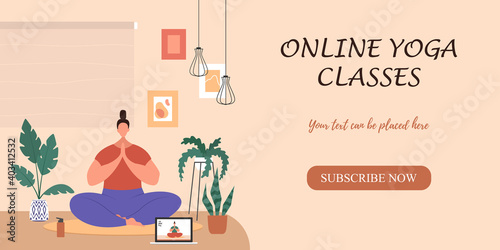 A girl in her room is doing yoga or exercises, watching videos online on a laptop at home. Online lesson or classes in yoga studio with instructor banner, landing page. Vector illustration