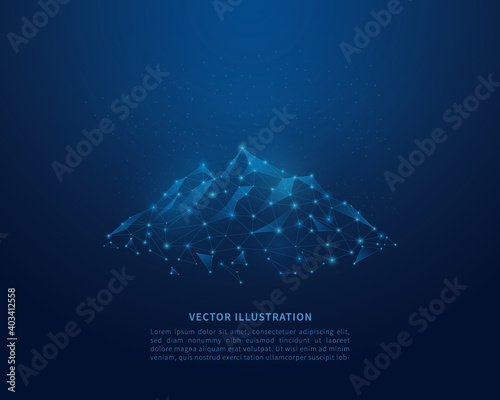 Abstract low poly mountain. Polygonal wireframe illustration with lines and dots. Vector illustration.