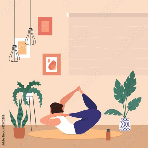 A woman practices yoga, meditating. Yoga classes while quarantined during the coronavirus COVID-19. Vector flat illustration.