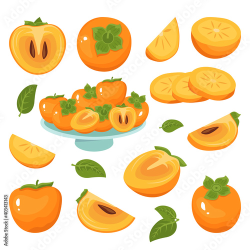 Persimmon icons set, whole fruit, half, slices, with and without seeds
