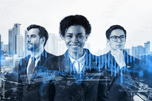 Photography Group of business colleagues in suits as a part of multinational corporate team working on forecasting trading corporate strategy at fund