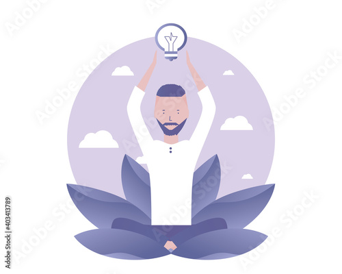 Getting ideas during meditation. Vector illustration for telework, remote working and freelancing, business, start up, social media and blog

