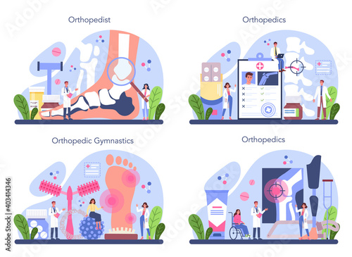 Orthopedics doctor set. Idea of joint and bone treatment.