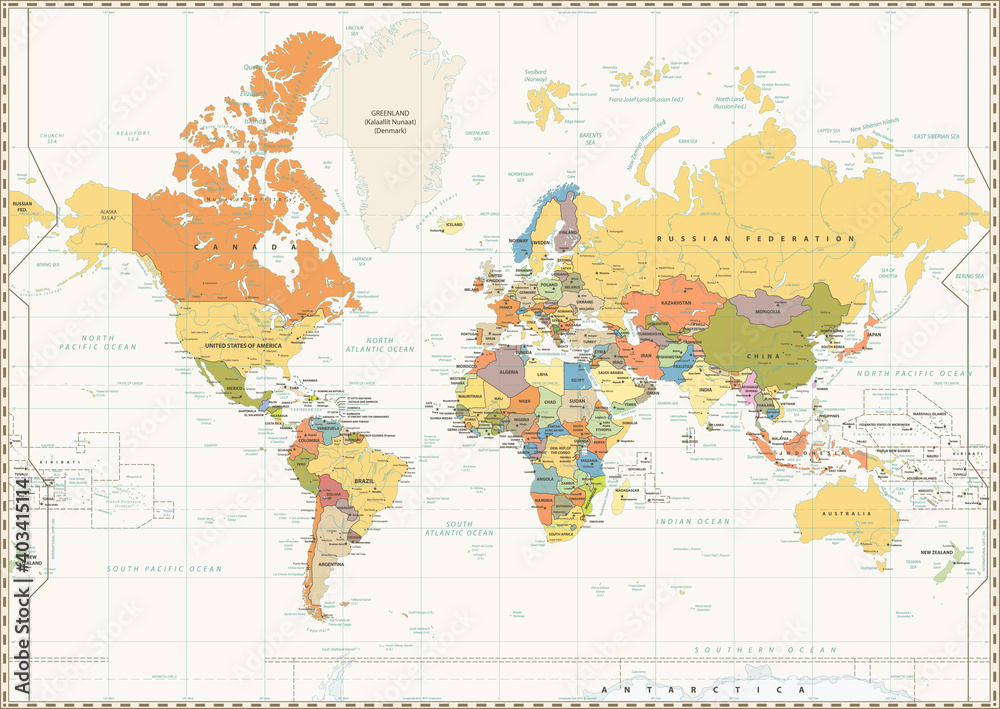World Map isolated on retro white color background with labeling