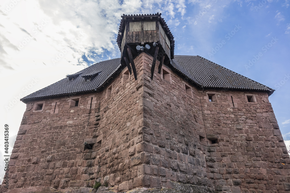Haut-Koenigsbourg Castle - medieval castle built in XII century, located in Vosges mountains just west of Selestat. Commune of Orschwiller, Bas-Rhin departement of Alsace, France. Haut-Koenigsbourg Castle - medieval castle built in XII century, located in Vosges mountains just west of Selestat. Commune of Orschwiller, Bas-Rhin departement of Alsace, France.