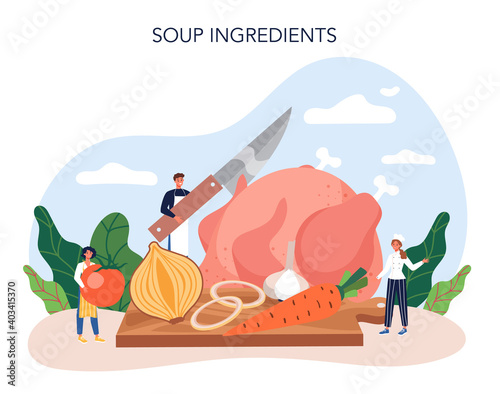 Chicken soup. Tasty meal and ready dish. Chicken meat, onion