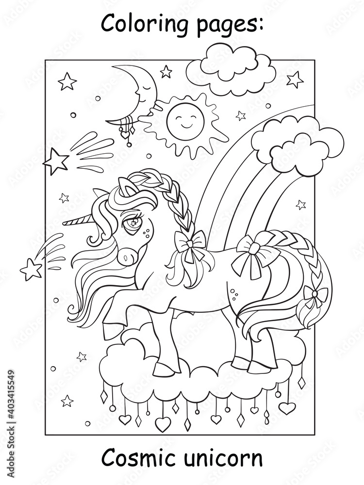 Cute magic unicorn on the cloud coloring vector Stock Vector | Adobe Stock
