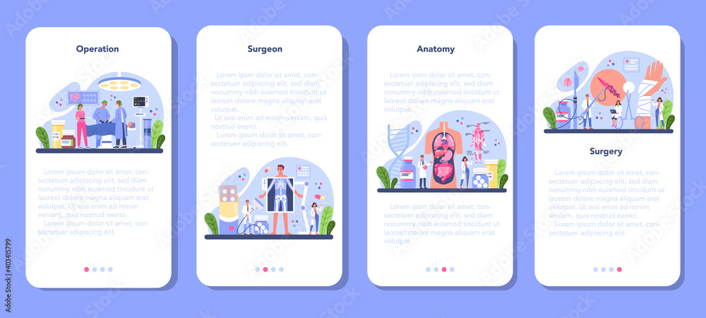 Surgeon mobile application banner set. Doctor performing medical operations.