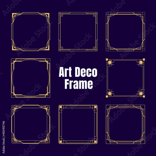 Gold art deco square borders and frames isolated collection. Trendy vintage luxury ornament design elements set. Retro golden geometry line patterns decoration. Vector graphic artwork illustration