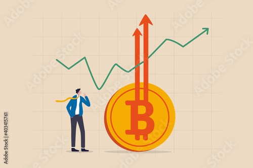 Bitcoin BTC price soaring sky high hit new high record concept, businessman investor look high at rising up arrows from Bitcoin symbol with green chart and graph.