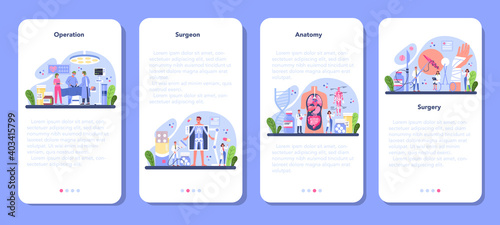 Surgeon mobile application banner set. Doctor performing medical operations.