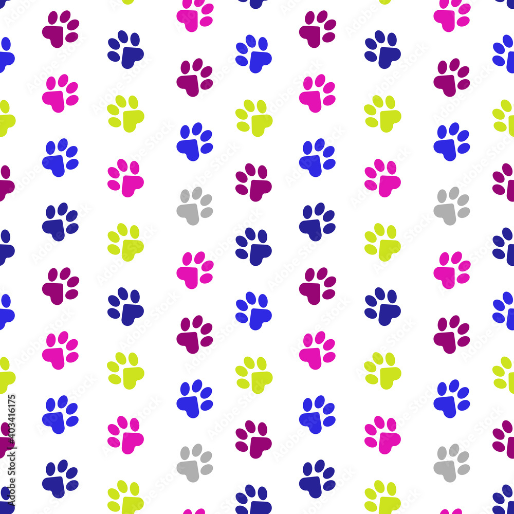 Paws of a cat, dog, puppy. Seamless colored animal footprint pattern for bedding, fabrics, backgrounds, websites, postcards, baby prints, wrapping paper. 