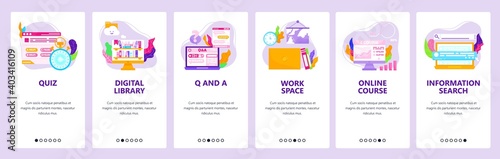 Online course, quiz, digital library, distance education. Mobile app screens, vector website banner template.