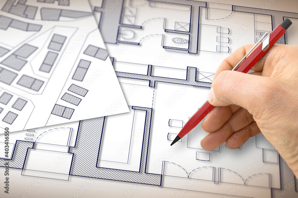 Architect drawing a planimetry of a residential building whit an imaginary cadastral map of territory Architect drawing a planimetry of a residential building whit an imaginary cadastral map of territory