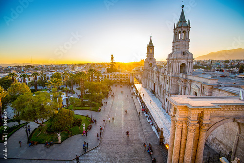 The Basilica Cathedral of Arequipa on sunset photo