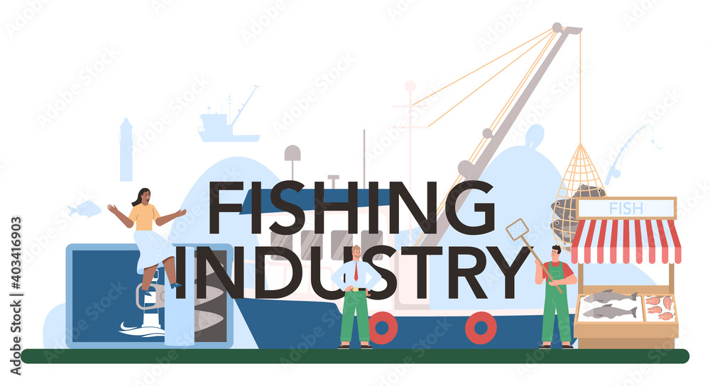 Industrial fishing typographic header. Capture fisheries, seafood production