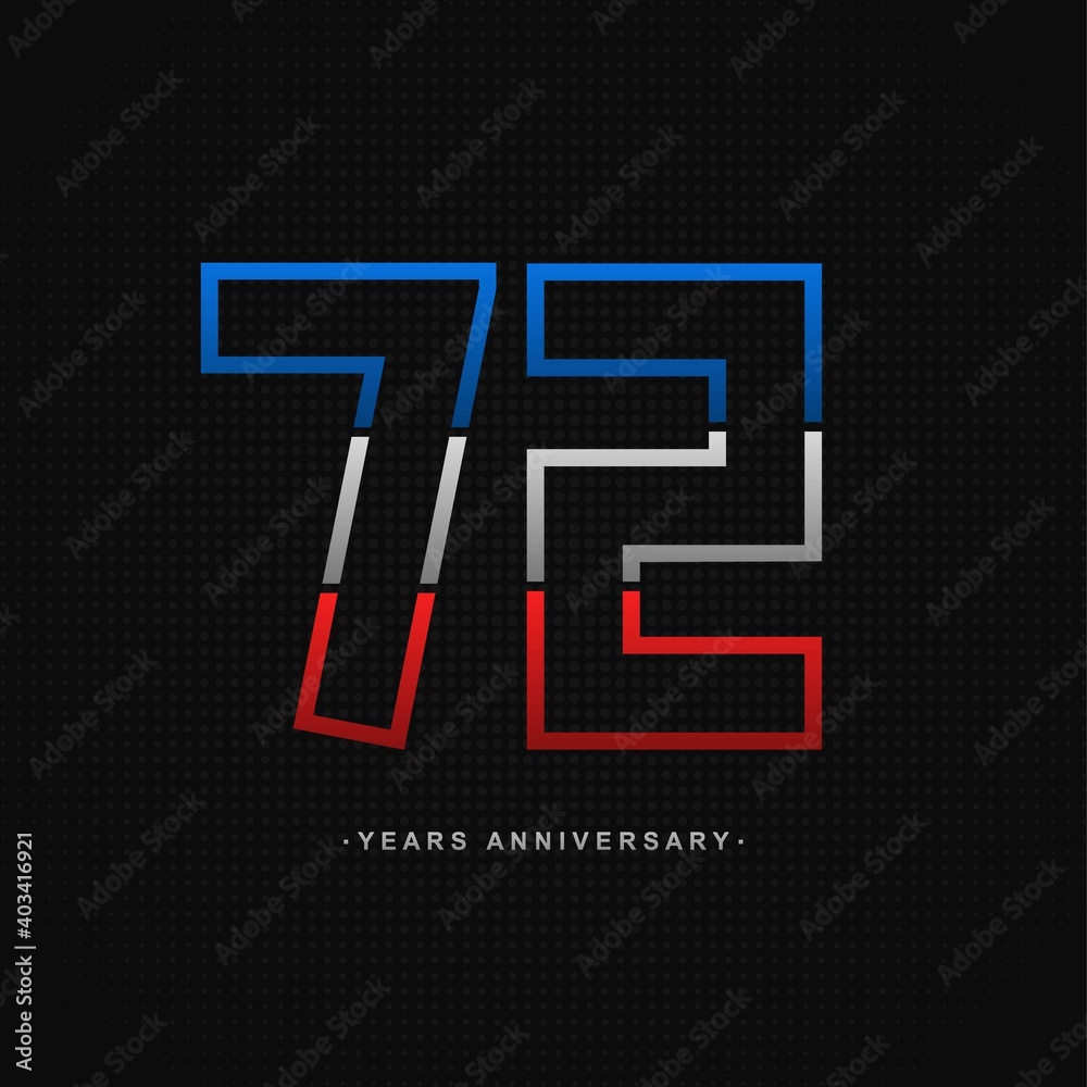 72 years anniversary celebration and years old congrats, colorful logotype. Number icon vector template