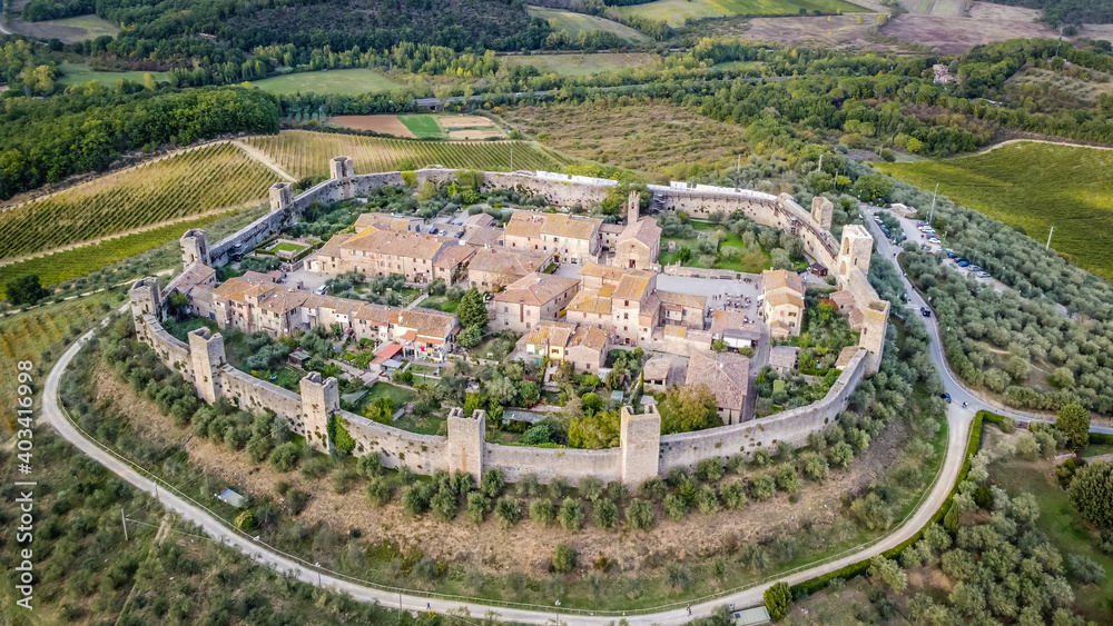 aerial view of the medieval village of Monteriggioni rises at the south-western end of the Chianti region, italy,Europe