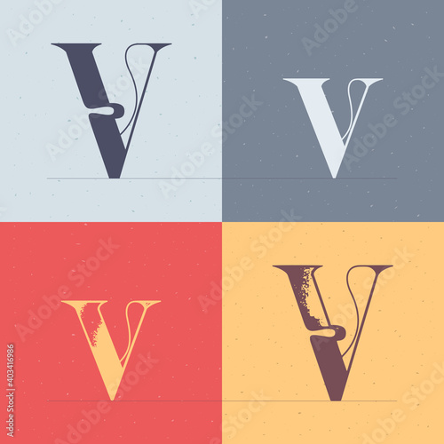 V letter logo with elegant line decoration. Four style serif font set.