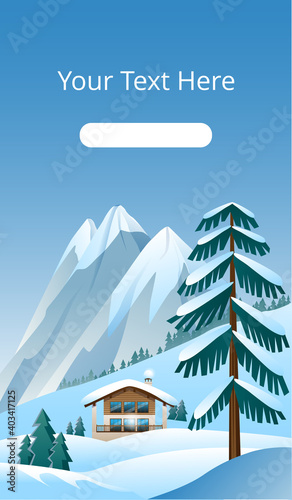 Beautiful mountain landscape in delicate shades. Image of an Alpine Chalet on the background of a mountain landscape. A template of vertical banner. Vector illustration.