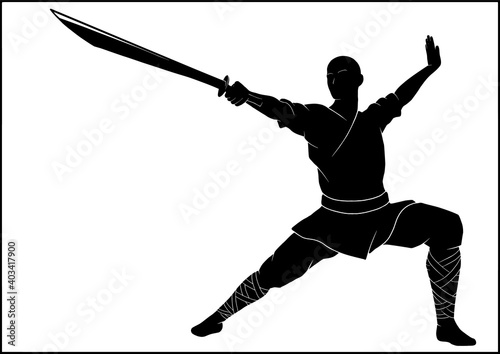 Isolated silhouette of a full growth fighter, martial arts master, kung fu warrior, a Shaolin monk in a kimono with a long sharp sword, in a fighting stance with your arm outstretched, no background.