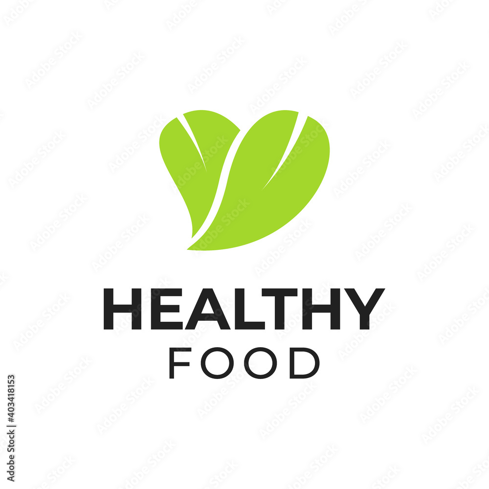 healthy food logo vector design with heart shaped leaf icon illustration with natural fresh green color healthy food logo vector design with heart shaped leaf icon illustration with natural fresh green color
