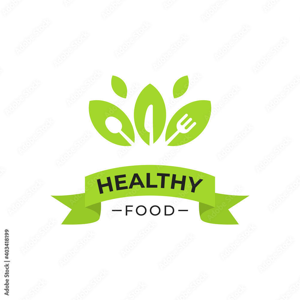 Healthy food logo vector design with leaf illustration with cutlery and knife silhouette silhouettes Healthy food logo vector design with leaf illustration with cutlery and knife silhouette silhouettes