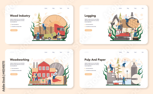 Wood industry and paper production web banner or landing page set.