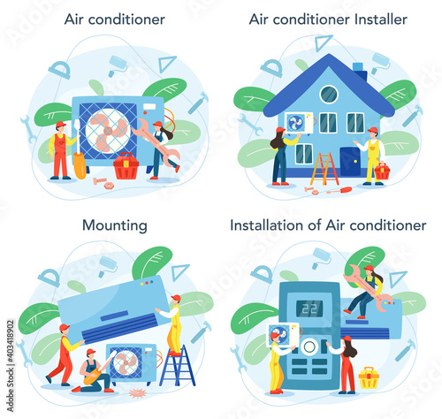 Air conditioning repair and mounting service set. Repairman installing,