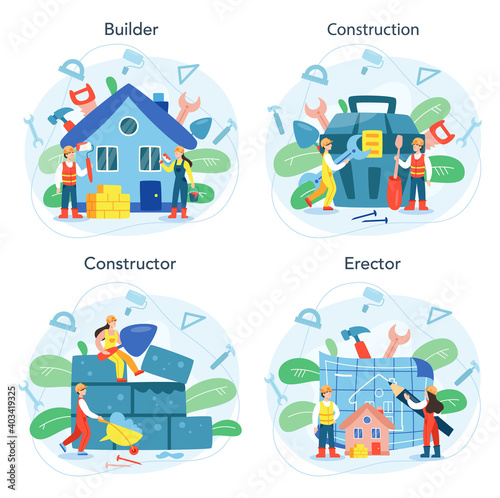 House building concept set. Workers constructing home with tools © inspiring.team