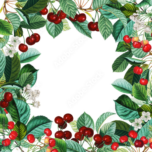 Antique red cherry fruits with greenery square frame, white background