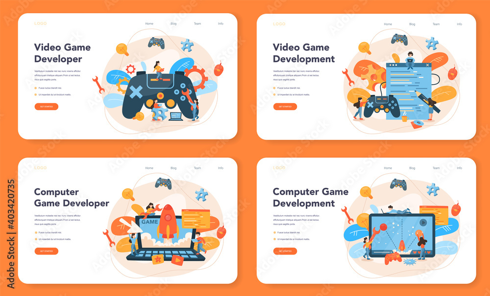 Game development web banner or landing page set. Creative process Game development web banner or landing page set. Creative process