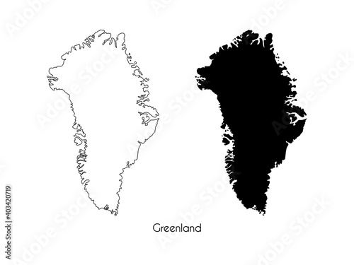 Isolated linear outline and black silhouette map of Greenland on white background. Highly detailed map of Greenland with country name. Vector.