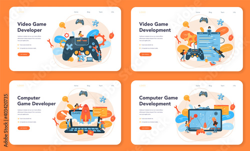 Game development web banner or landing page set. Creative process