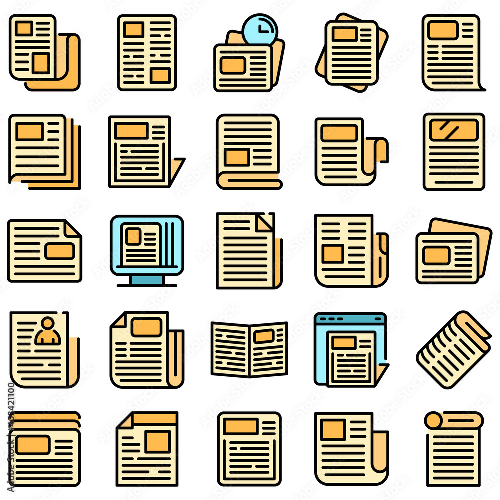 Newspaper icons set. Outline set of newspaper vector icons thin line color flat on white Newspaper icons set. Outline set of newspaper vector icons thin line color flat on white