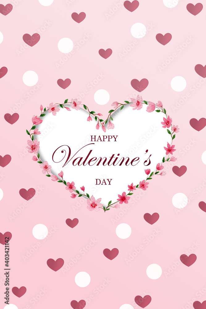 Cute Valentine's day greeting background, happy Valentine's day card design with hearts and watercolor floral heart, celebrate love concept