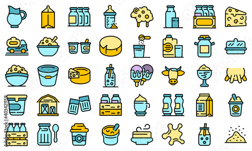 Dairy icons set. Outline set of dairy vector icons thin line color flat on white