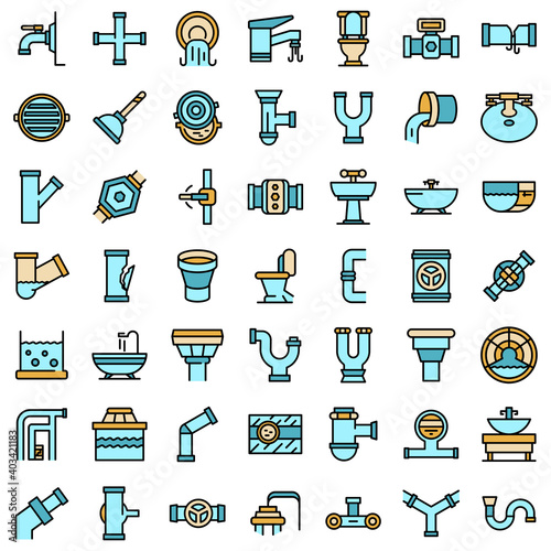 Sewerage icons set. Outline set of sewerage vector icons thin line color flat on white