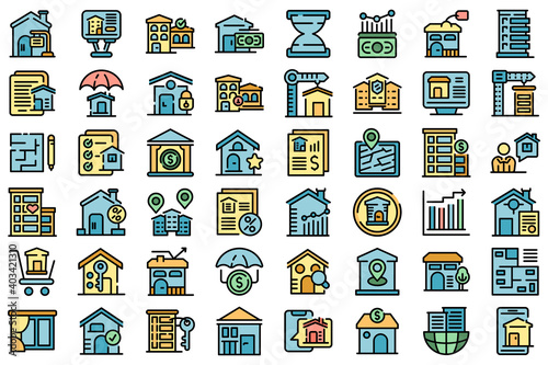 Property investments icons set. Outline set of property investments vector icons thin line color flat on white