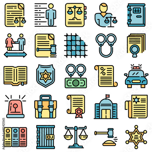 Criminal justice icons set. Outline set of criminal justice vector icons thin line color flat on white