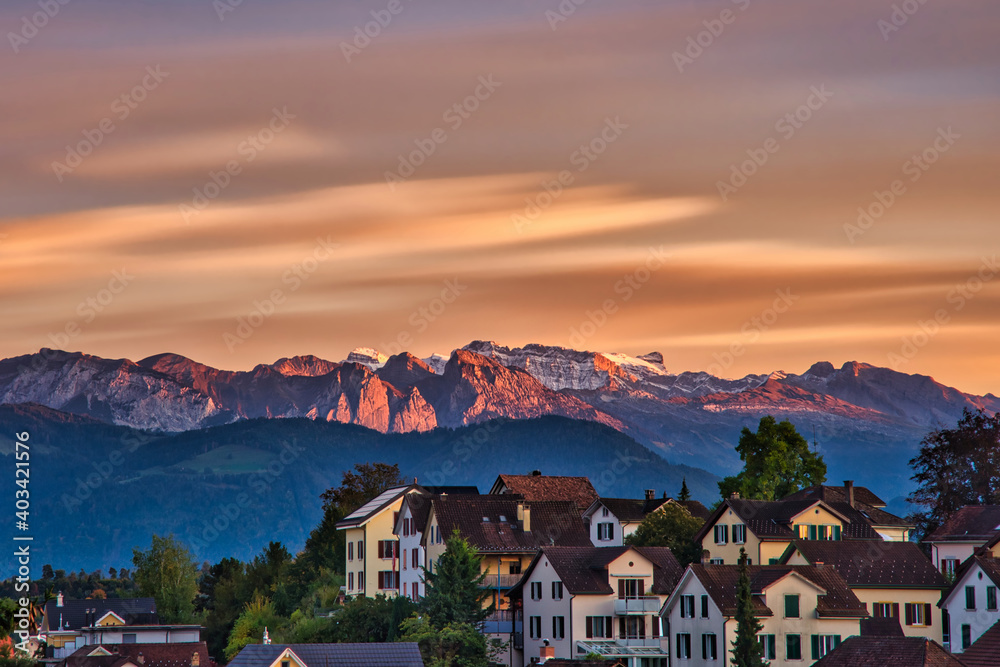 Long exposure picture over swiss city close to Alps, Ruti, Zurich, Switzerland