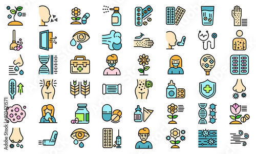 Seasonal allergy icons set. Outline set of seasonal allergy vector icons thin line color flat on white