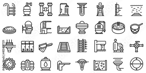 Equipment for pool icons set. Outline set of equipment for pool vector icons for web design isolated on white background