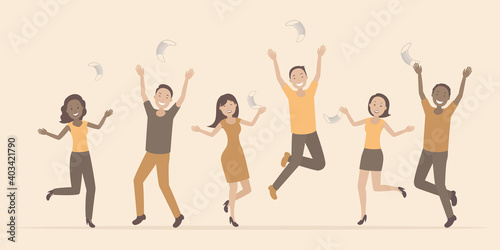 People rejoice at pandemic ending and throw face masks. Vector illustration.