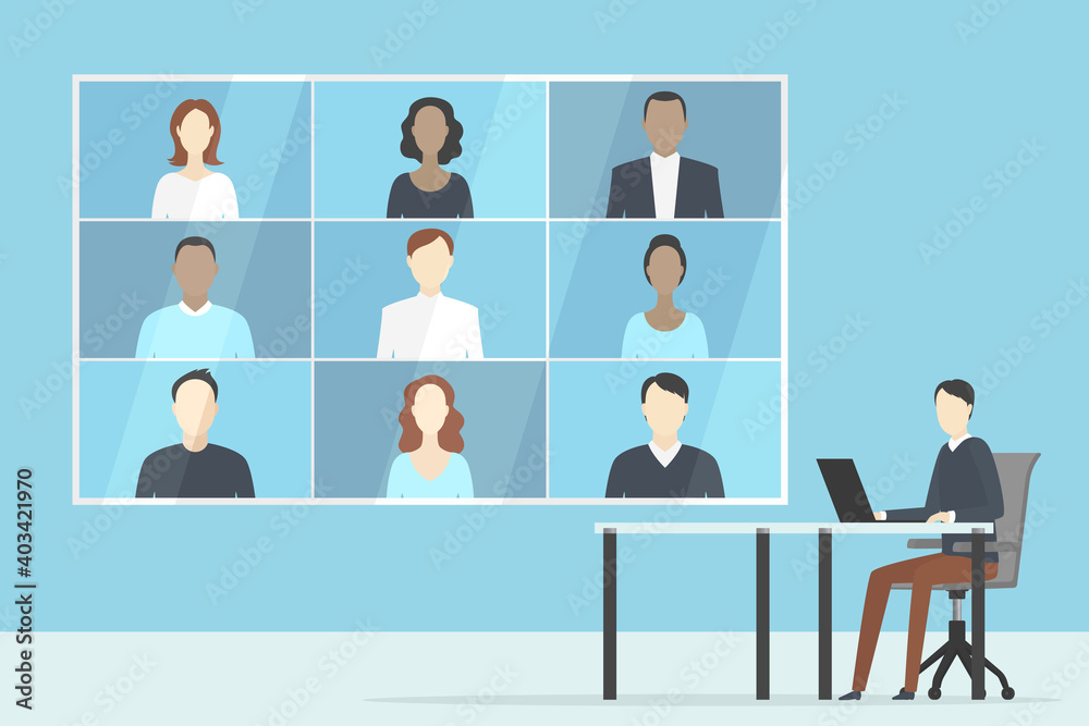 Group video call on wall screen. Remote teamwork. Vector illustration. Group video call on wall screen. Remote teamwork. Vector illustration.